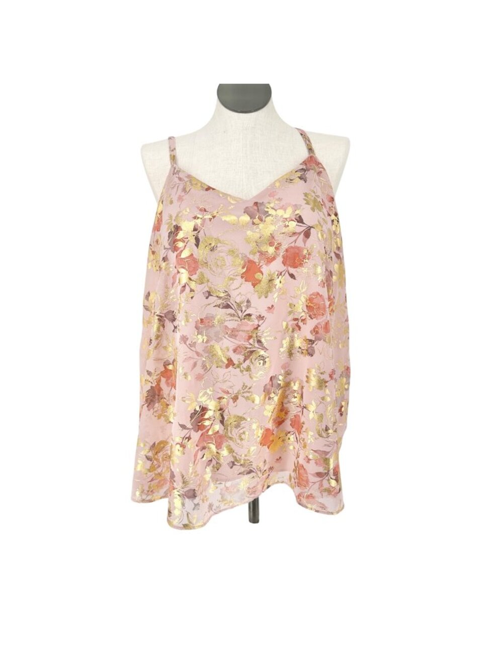 Torrid 3 Sophie Top Womens 22-24 Pink Floral Gold Foil Chiffon Swing Cami